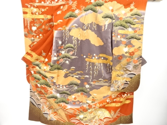 リサイクル　金彩友禅橋に松・菊・小舟模様刺繍振袖・御薗織物製袋帯セット